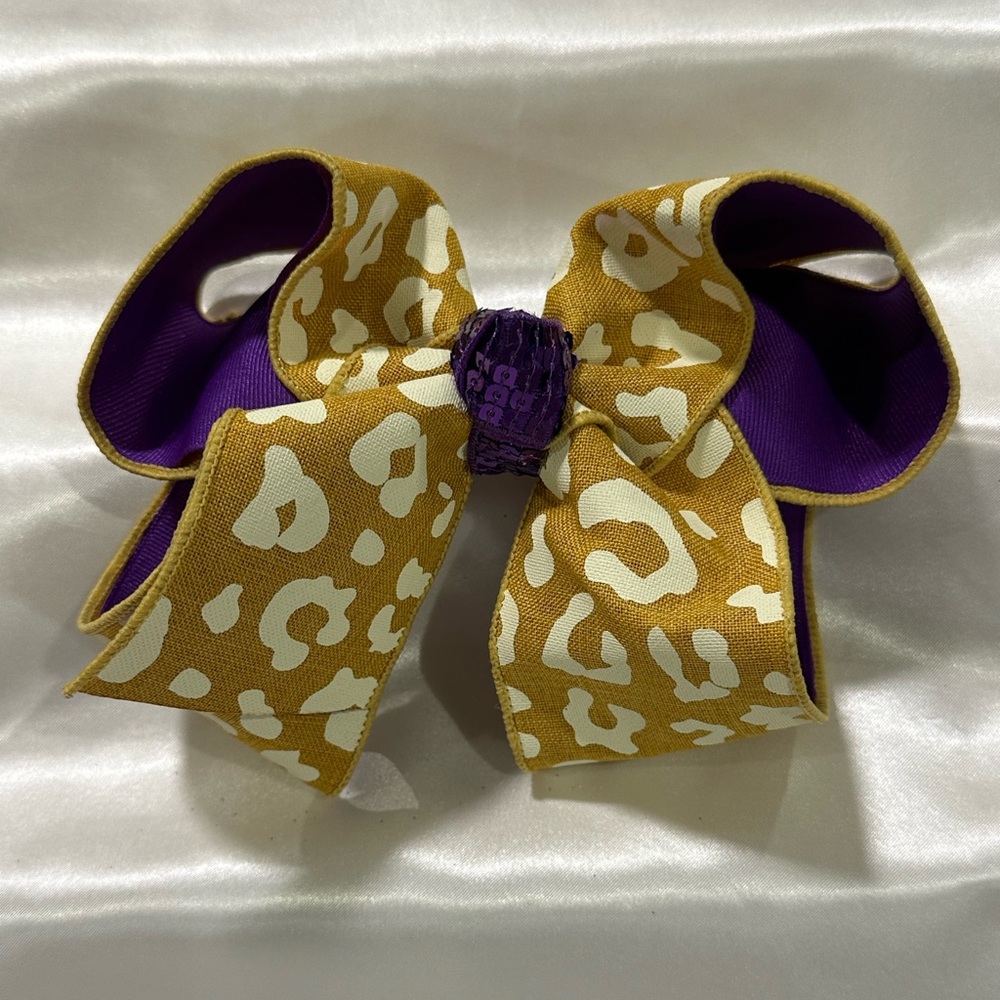Gold Leopard Print Hair Bow w/ Purple Center-bundle 2 or more & save on shipping